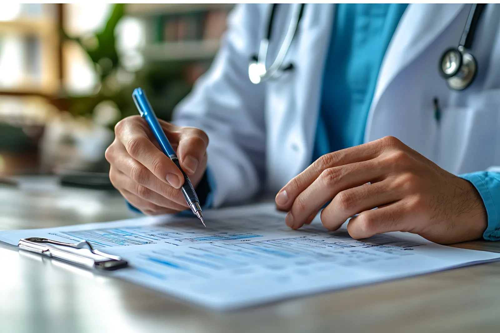 Médico preenchendo prancheta com anotações clínicas