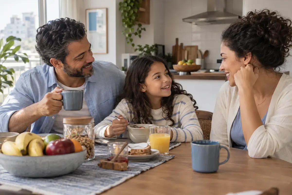 Cena ilustrativa de uma família conversando em casa, em um momento da rotina